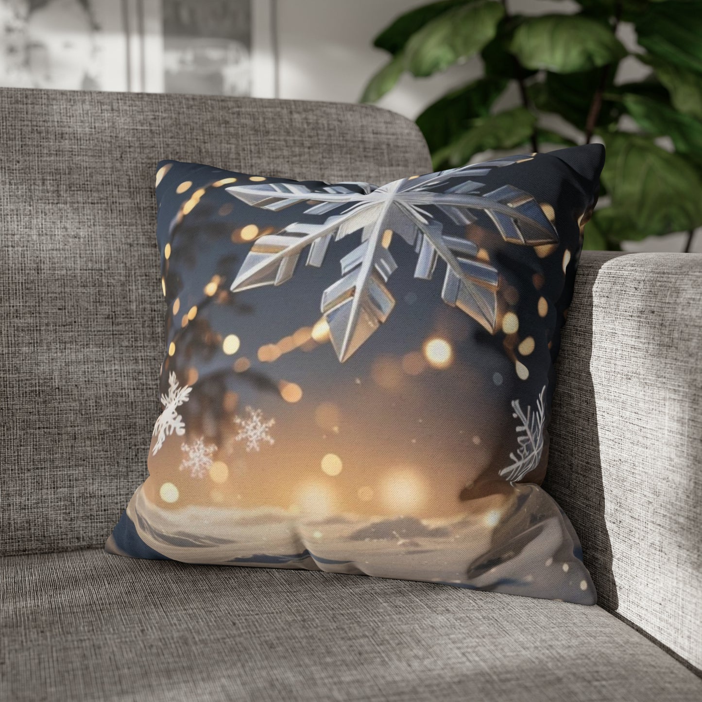 Spun Polyester Square Pillow Case Snowflakes