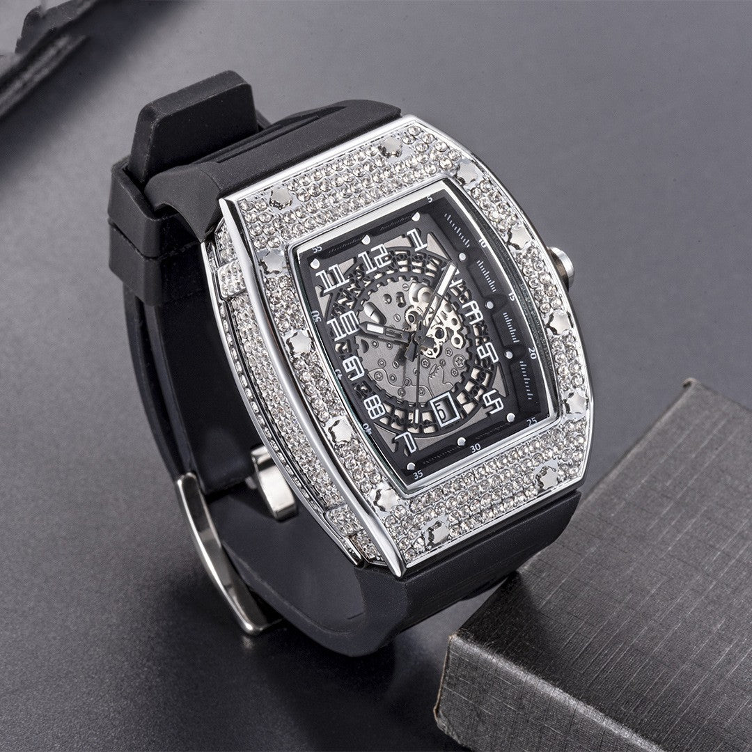 Full Diamond Tonneau Silicone Band Quartz Men's Watch