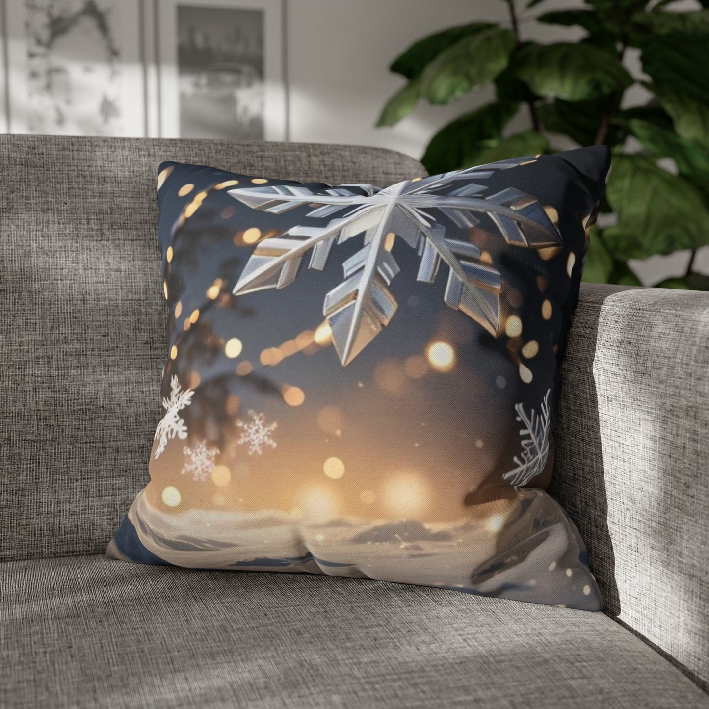 Spun Polyester Square Pillow Case Snowflakes